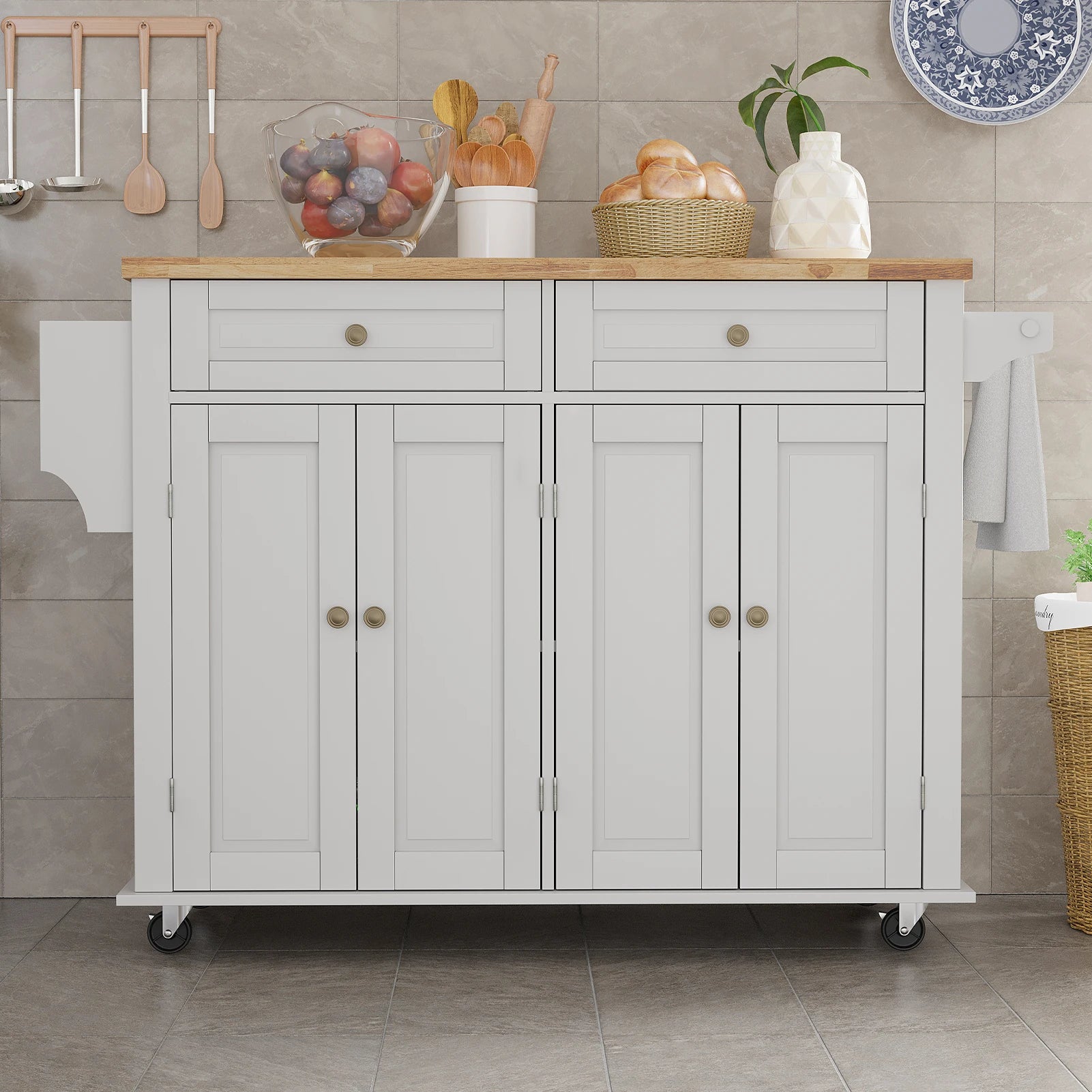 Rolling Kitchen Island with Drop Leaf and Storage Cabinet.