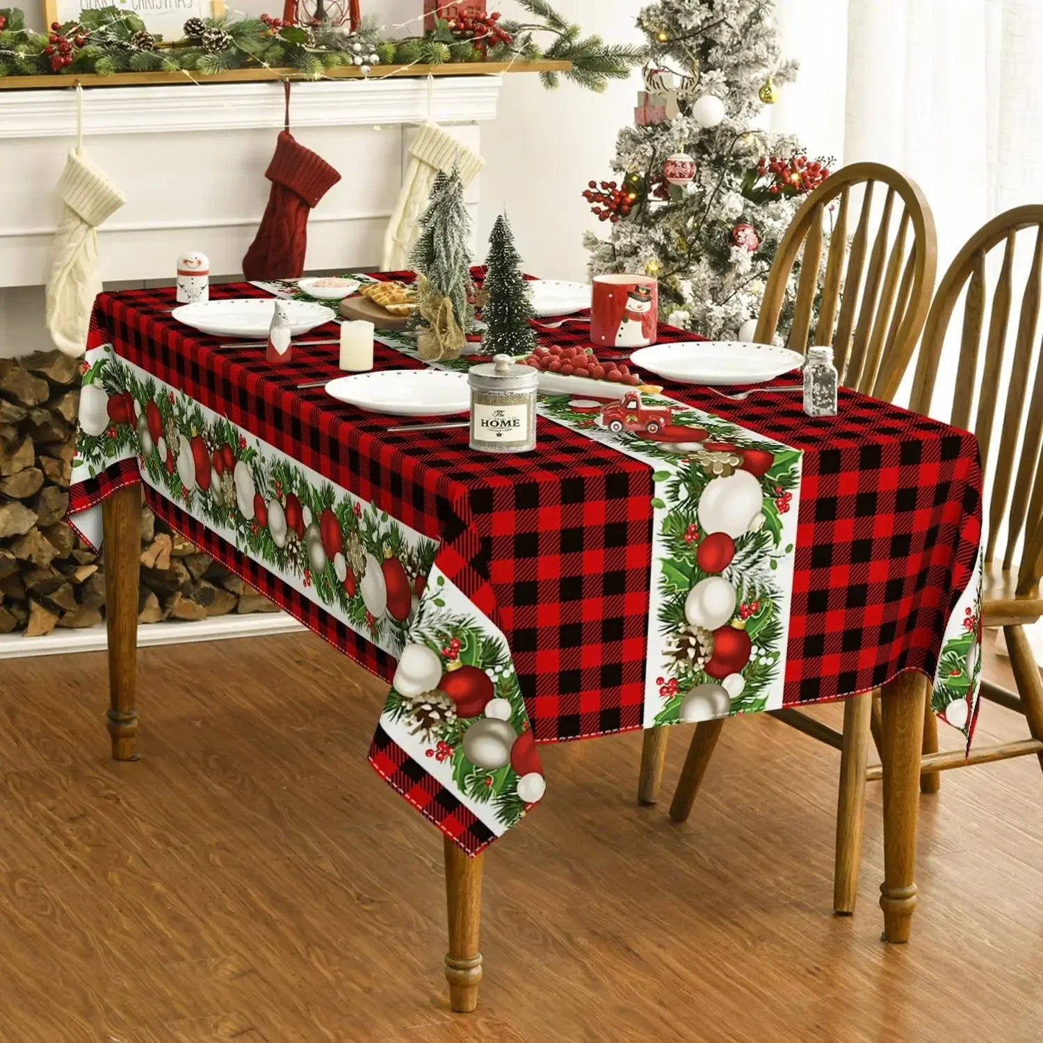 Christmas Ornaments Red Buffalo Plaid Reusable Rectangle Tablecloth