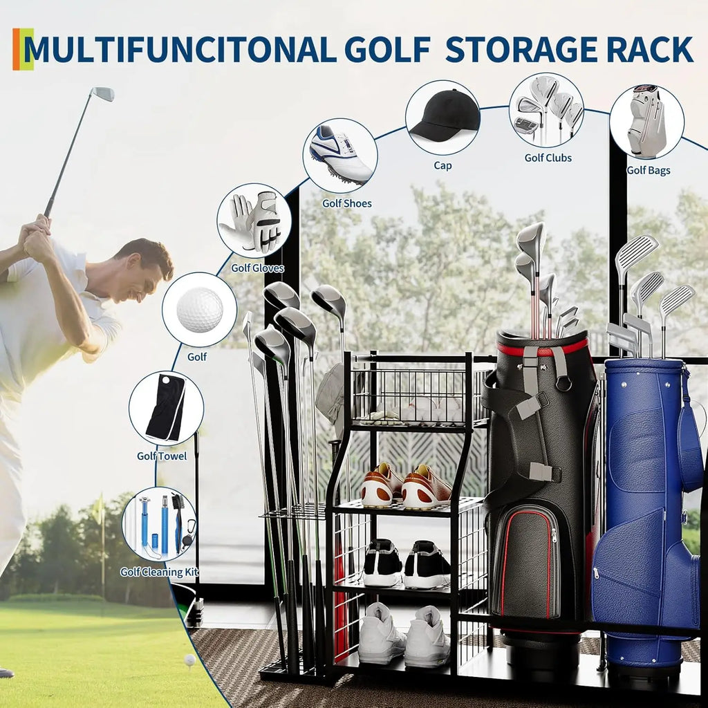 Golf Bag Storage Stand and Equipment Organizer