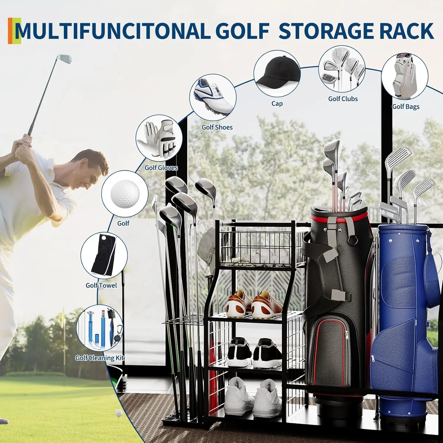 Golf Bag Storage Stand and Equipment Organizer