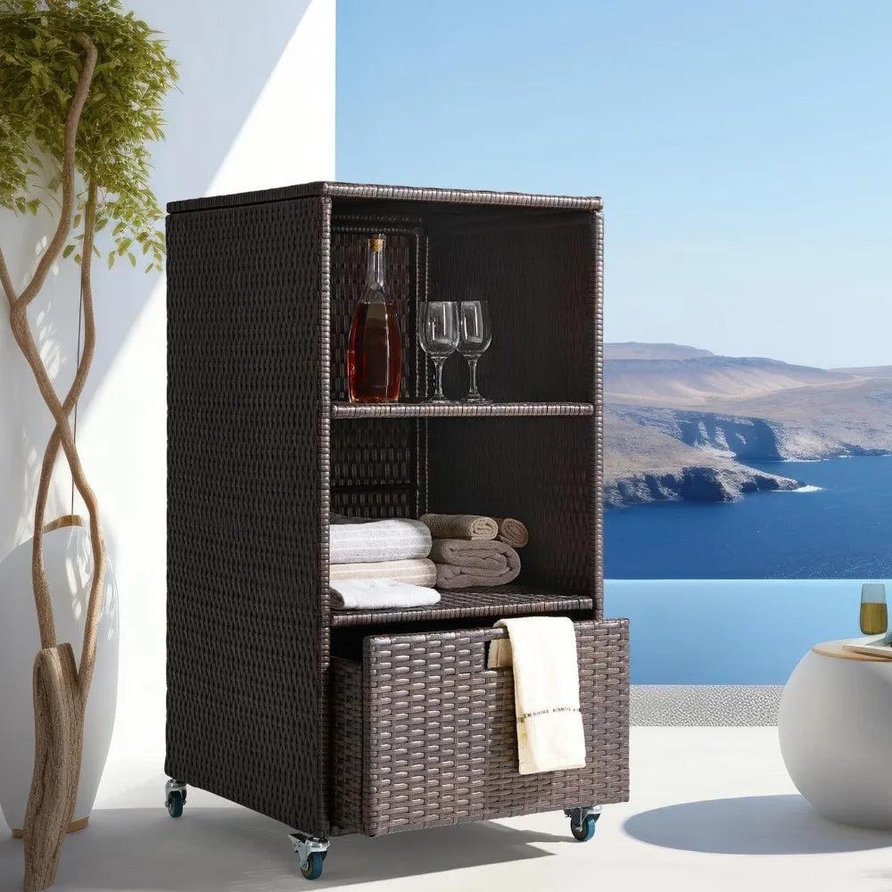 Outdoor Pool Towel Wicker Storage Cabinet with Shelves & Drawer.