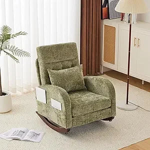 Upholstered Rocking Chair/Glider with Thick Headrest, Curved Armrest and Side Pockets. Two Styles and Various Colors.