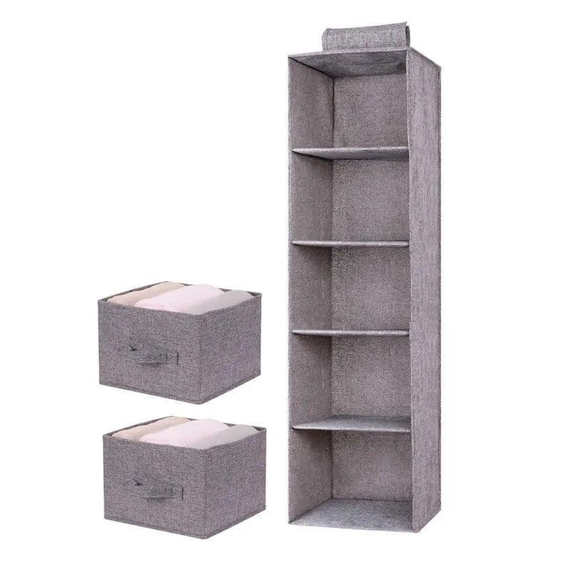 5 Shelf Hanging Cotton Wardrobe Storage Bag With 2 Drawers