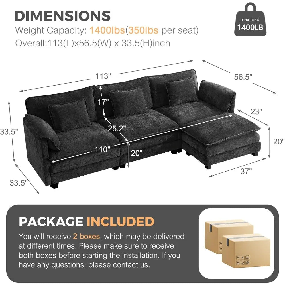 113" Modular Deep Seat Sectional Sofa with Movable Ottoman and Removable Covers in Various Colors.