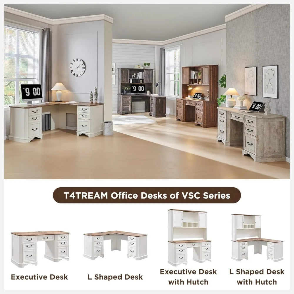 59" Farmhouse Executive Desk with Hutch,Wood Home Office Computer Desk, Featuring Keyboard Tray,Charging Station,File Drawer, S