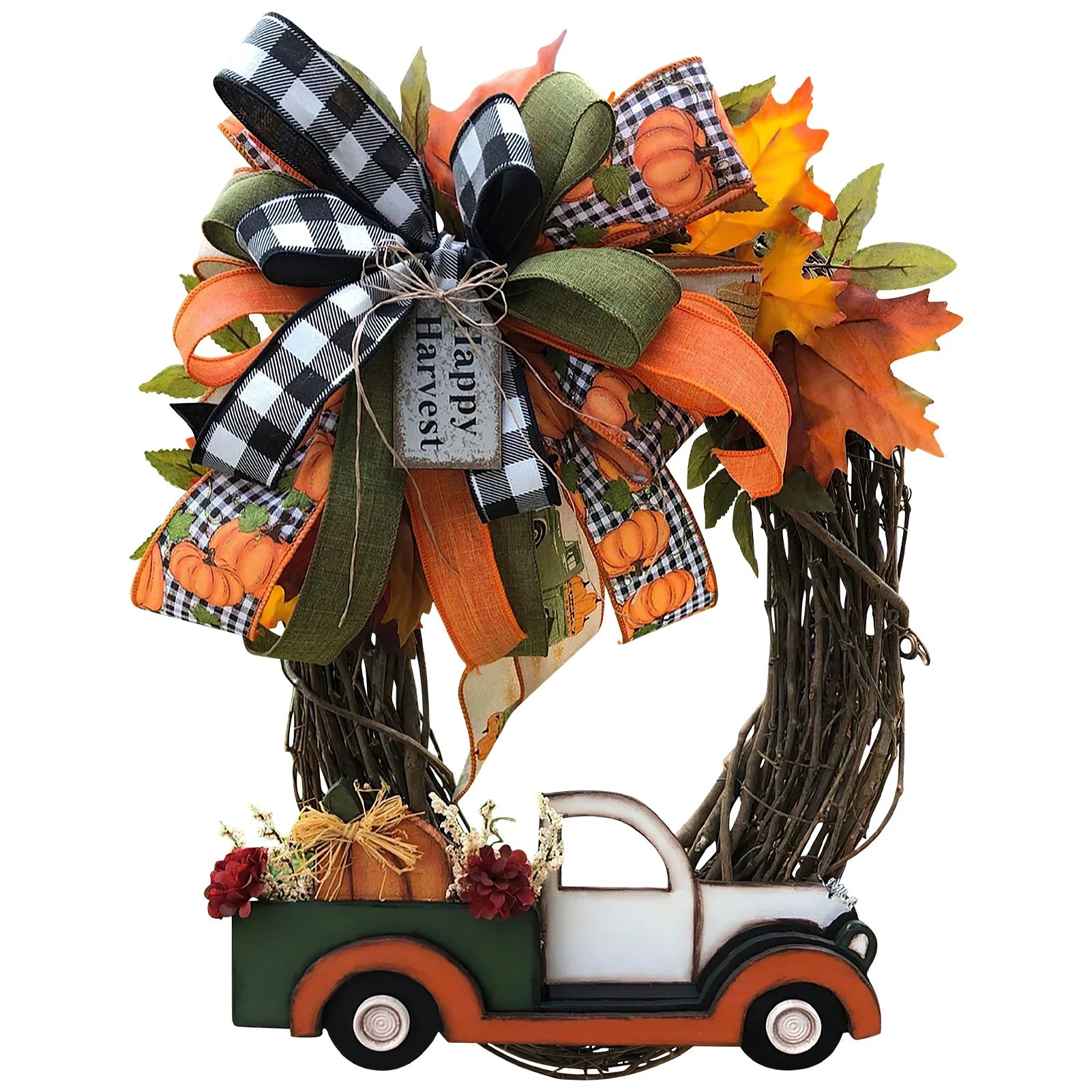 Artificial Fall Wreath for front door featuring farm truck.