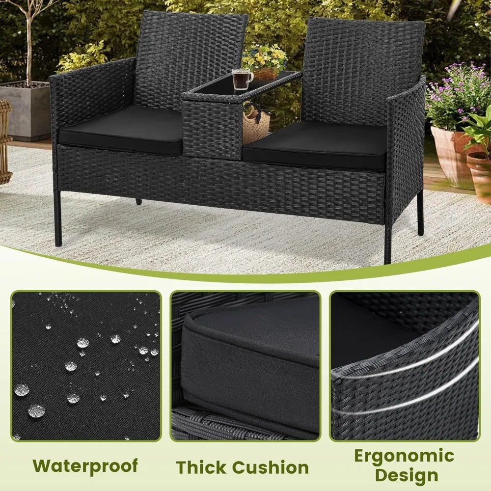 Wicker 2 Seat Outdoor Rattan Loveseat with Table and Washable Cushion Covers