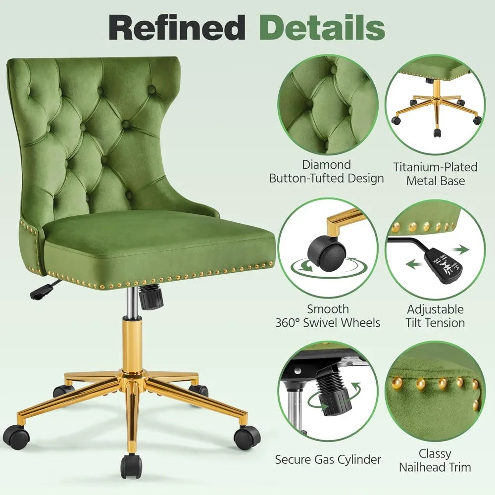 Adjustable Armless Velvet Desk or Vanity Chair with Back, Gold Base/Wheels and Rotating Seat,