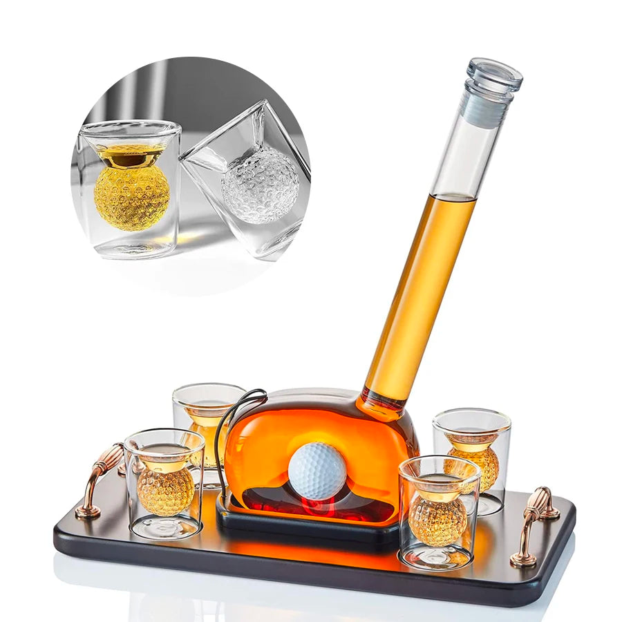 Unique Golf Whiskey Decanter Set with 4 Golf Ball Shot Glasses,