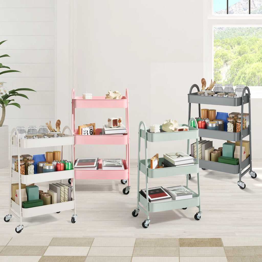 3 Tier Metal Storage Kitchen Cart with Lockable Wheels. Supports 55 lb. per shelf