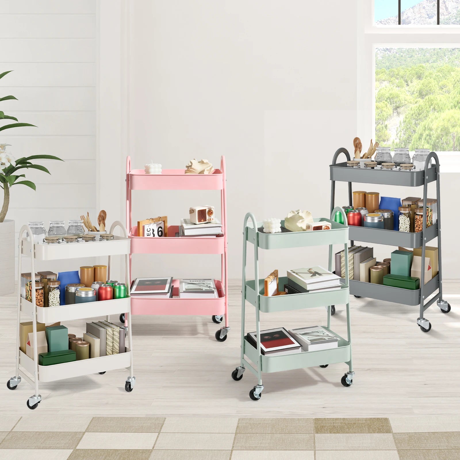3 Tier Metal Storage Kitchen Cart with Lockable Wheels. Supports 55 lb. per shelf