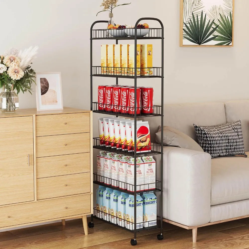 6-Tier Slim Metal Wire Rolling Cart with Handle: