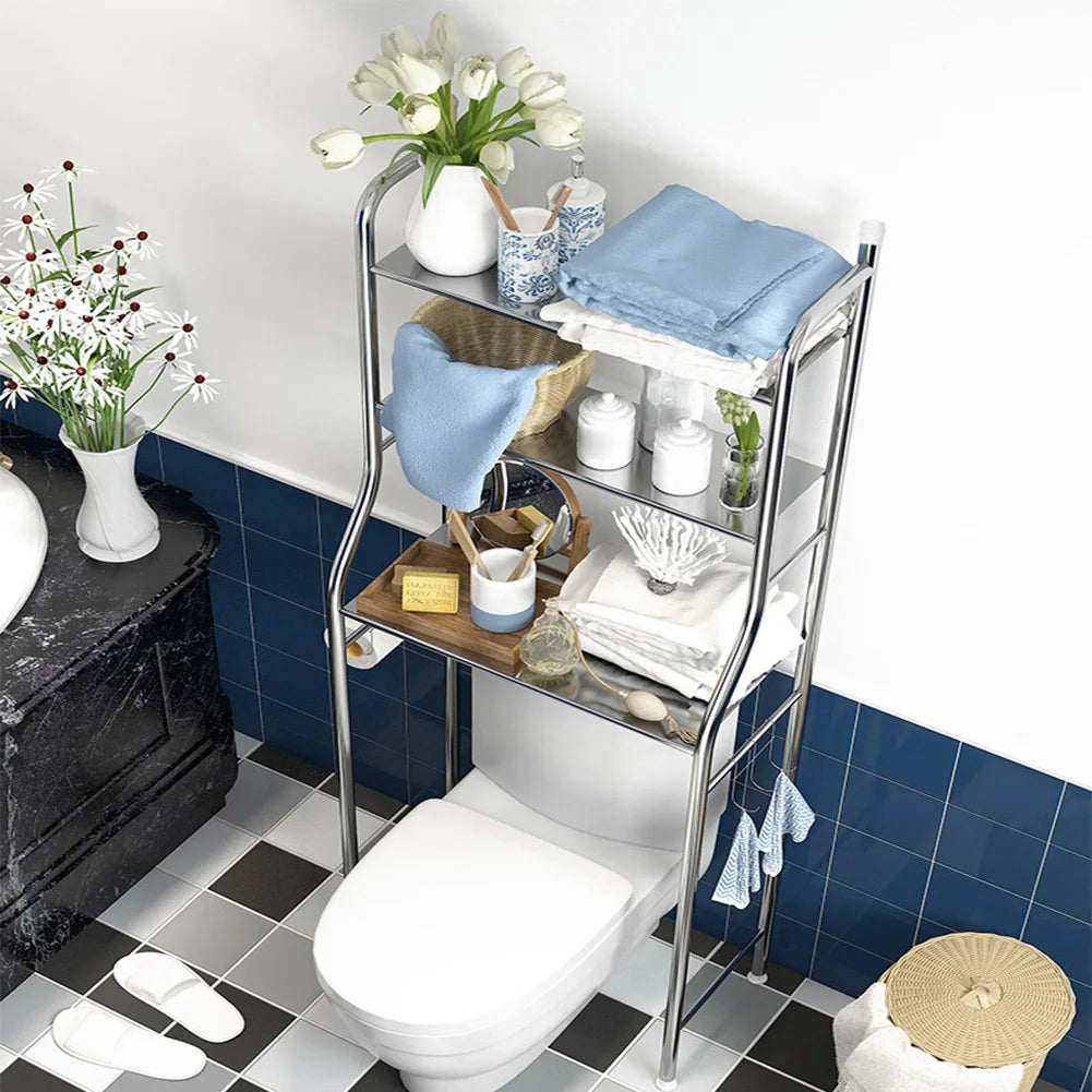 Metal Over The Toilet Storage Rack With Towel Hooks and Paper Holder.