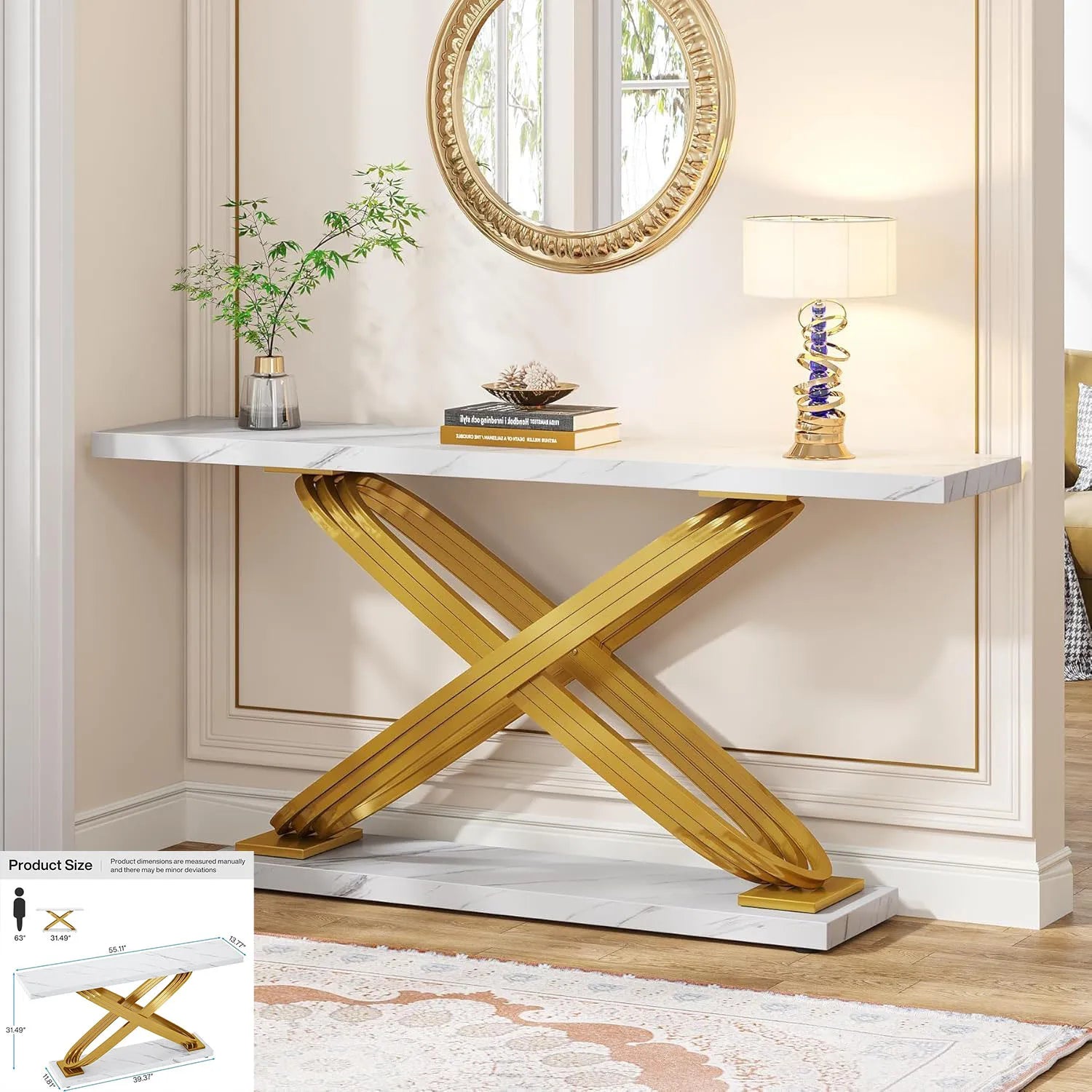 59 inch Gold Console Table with Grid-Shaped Metal Base. Three styles available.