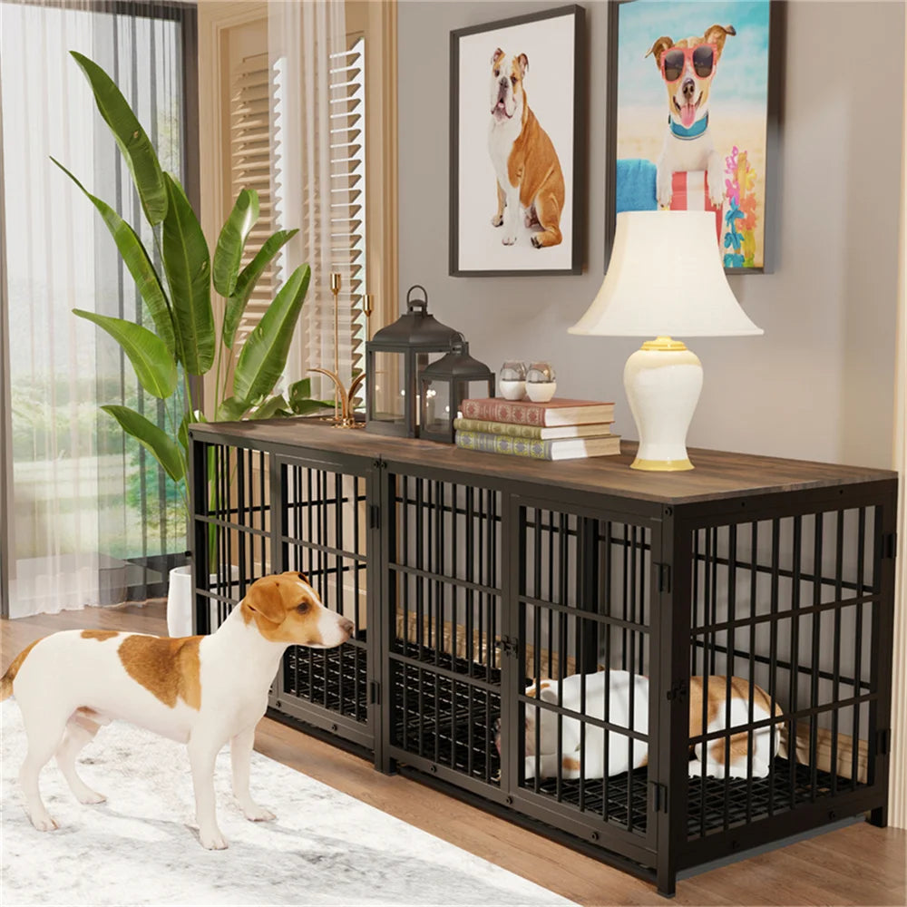 Large Indoor Wooden Dog Crate with 3 Doors and a Removable Tray; Can Serve As End Table