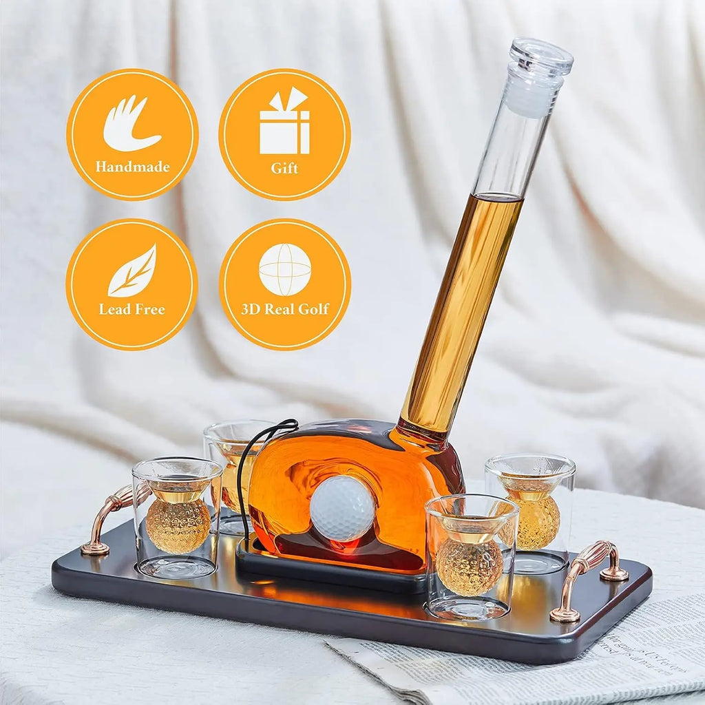 Unique Golf Whiskey Decanter Set with 4 Golf Ball Shot Glasses,
