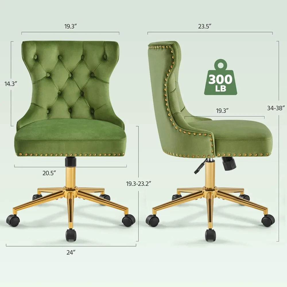 Adjustable Armless Velvet Desk or Vanity Chair with Back, Gold Base/Wheels and Rotating Seat,
