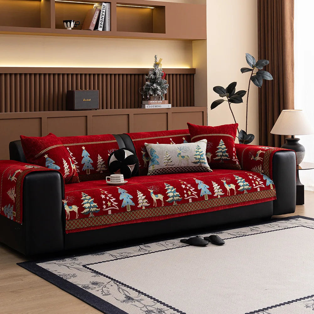 Chenille Christmas Sofa Cover with Christmas Tree and Deer Pattern and Anti-Slip Fabric
