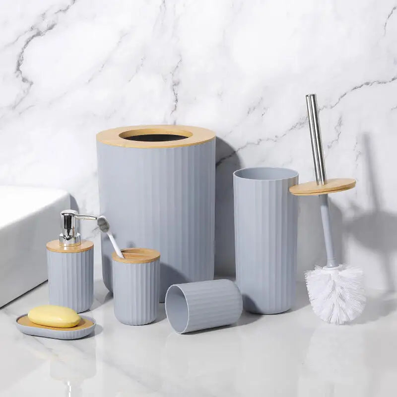 7 Piece Bamboo Bathroom Accessory Set.