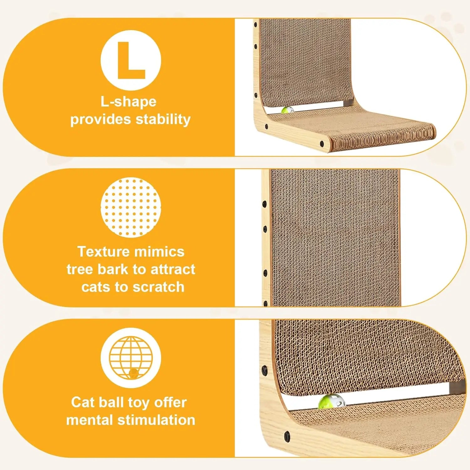 Vertical L-Shaped Cardboard Cat Scratching Post with Ball Toy.