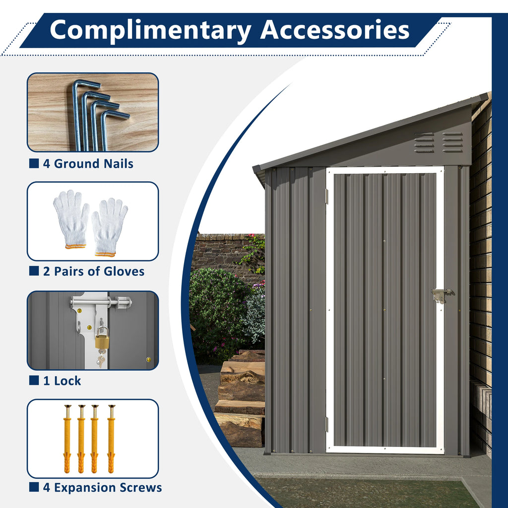 4' x 8' Outdoor Metal Wall Side Storage Shed with Sloped Roof and Aluminum Door