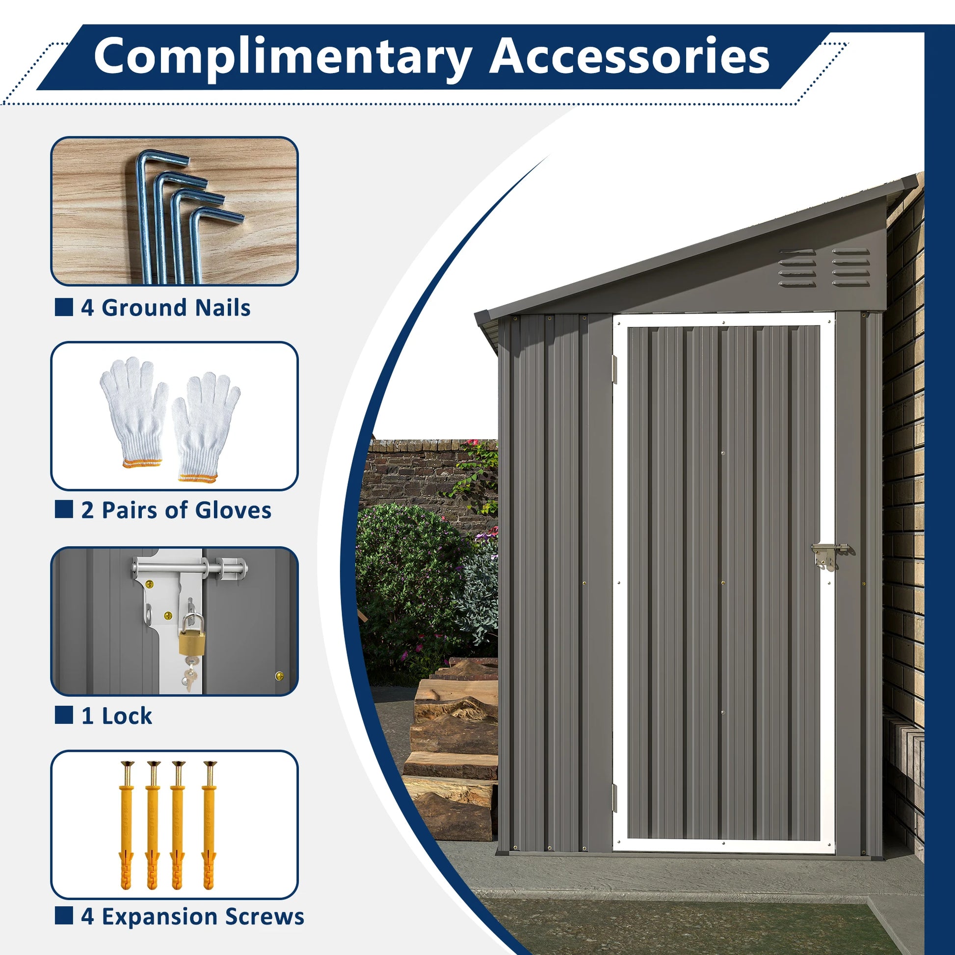 4' x 8' Outdoor Metal Wall Side Storage Shed with Sloped Roof and Aluminum Door