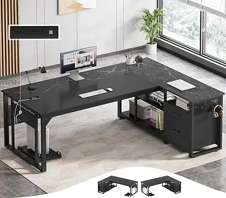 Large Reversible L-Shaped 71" Executive Desk with Power Outlets, File Drawers & Storage Shelves.