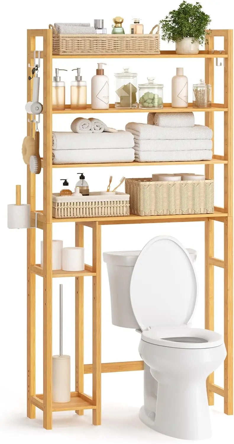 Adjustable Bamboo Over The Toilet Storage Shelf with Toilet Paper Holder