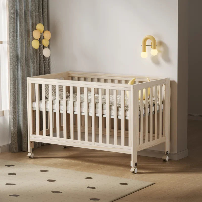 11-in-1 Convertible Baby Crib With Removable Wheels, Washed Natural New Zealand Pinewood Finish, and 4 Mattress Heights.
