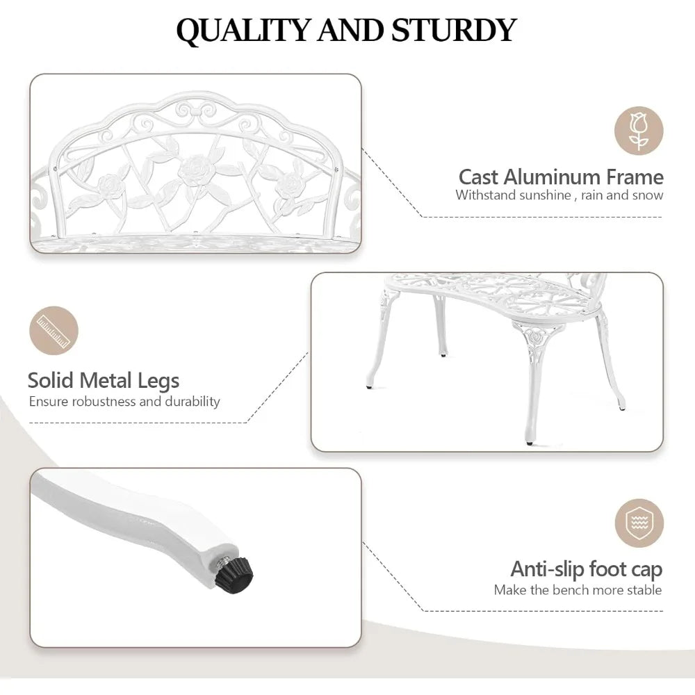 Outdoor Garden Cast Iron and Aluminum Metal Rose Bench With Antique Finish. Various Colors.