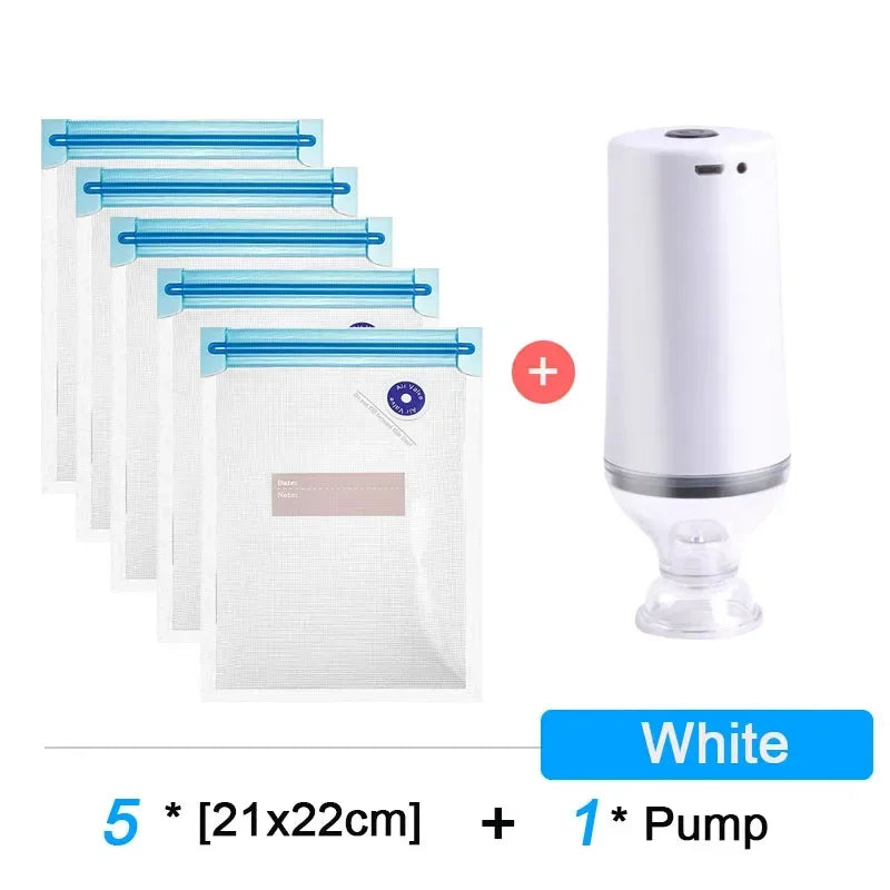 Reusable Electric Handheld Vacuum Sealer Pump with Zipper Bags for Food Storage or Sous Vide Bags.