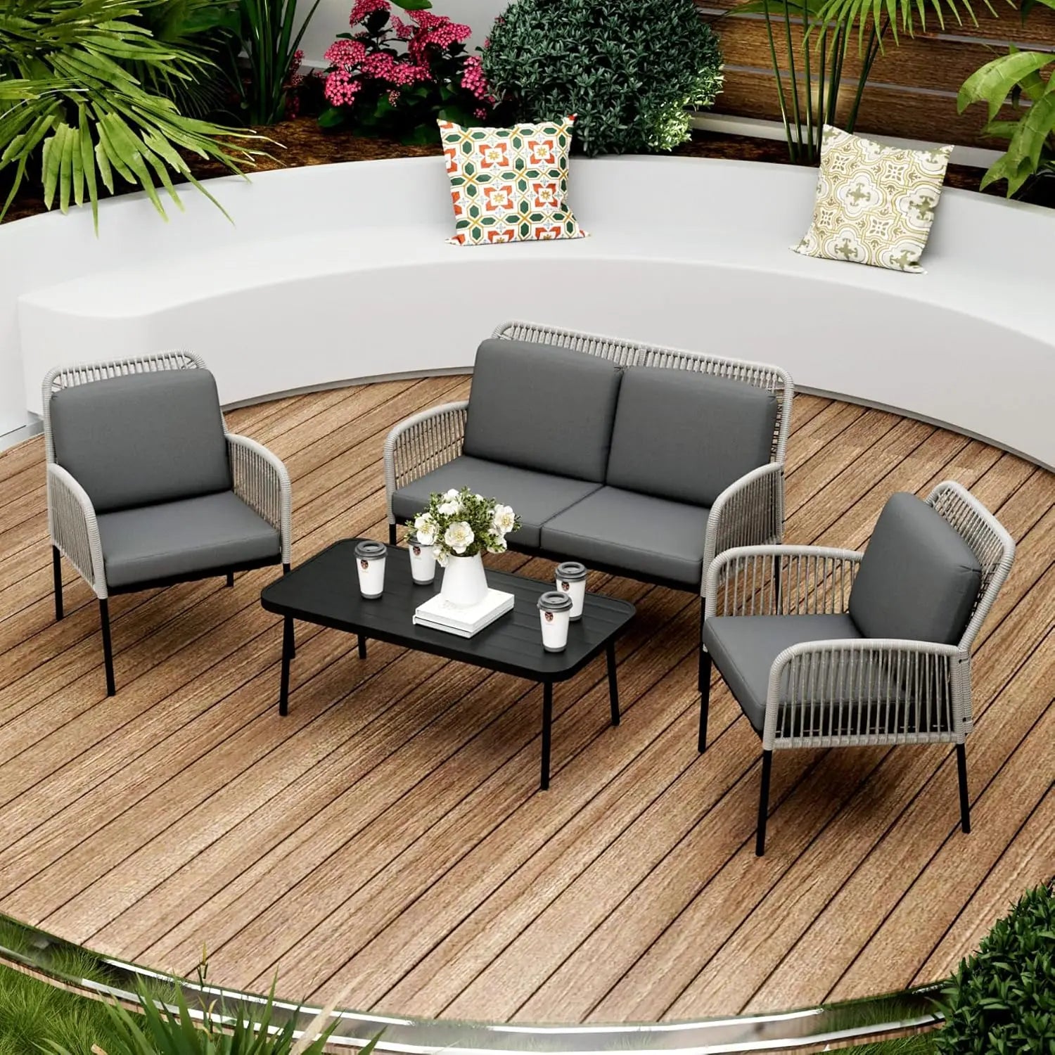 4 Pieces Outdoor All-Weather Rattan Patio Furniture Set with 2 Wicker Chairs. Loveseat & Table