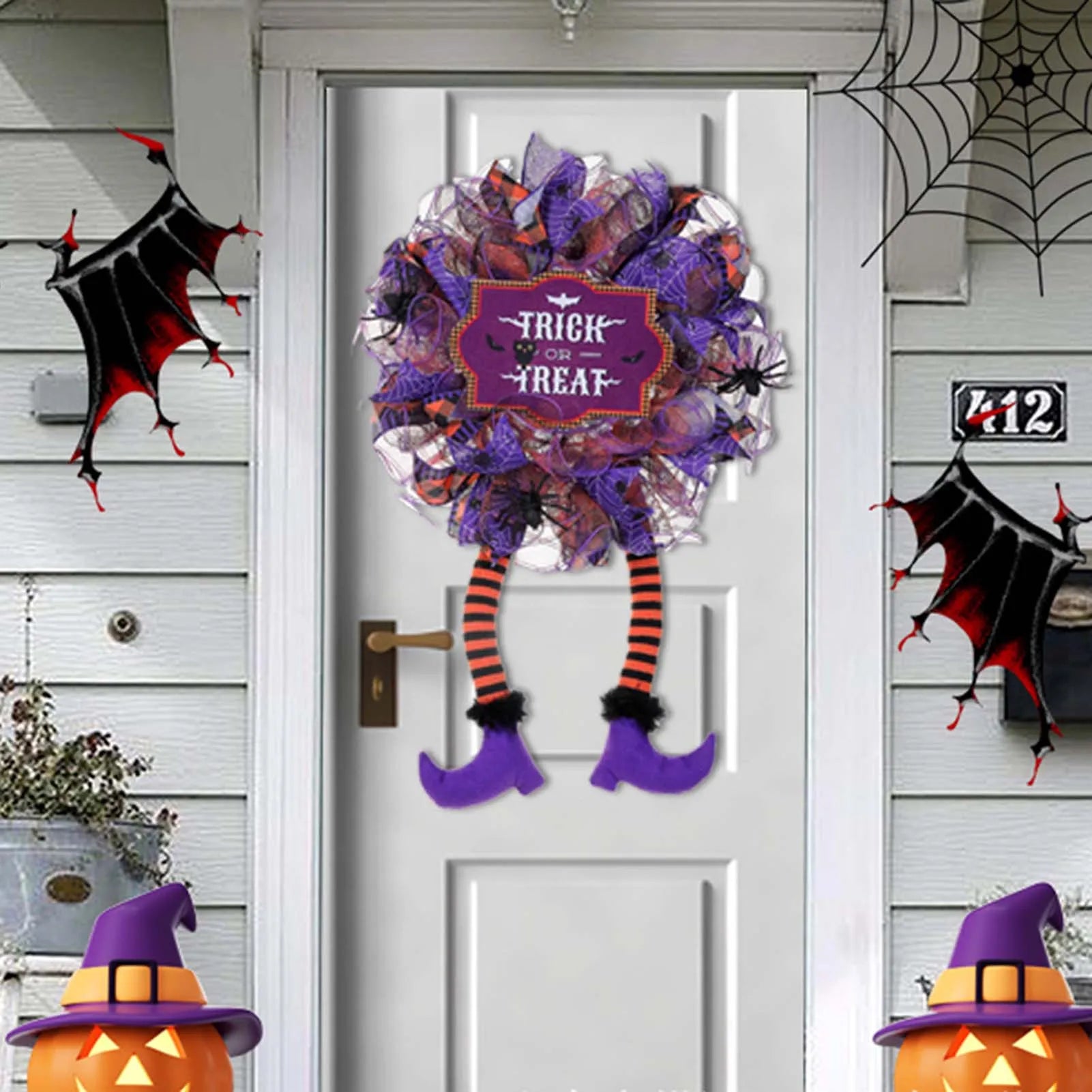 Cute Halloween Purple Mesh Door or Window Wreath with Witch Leg