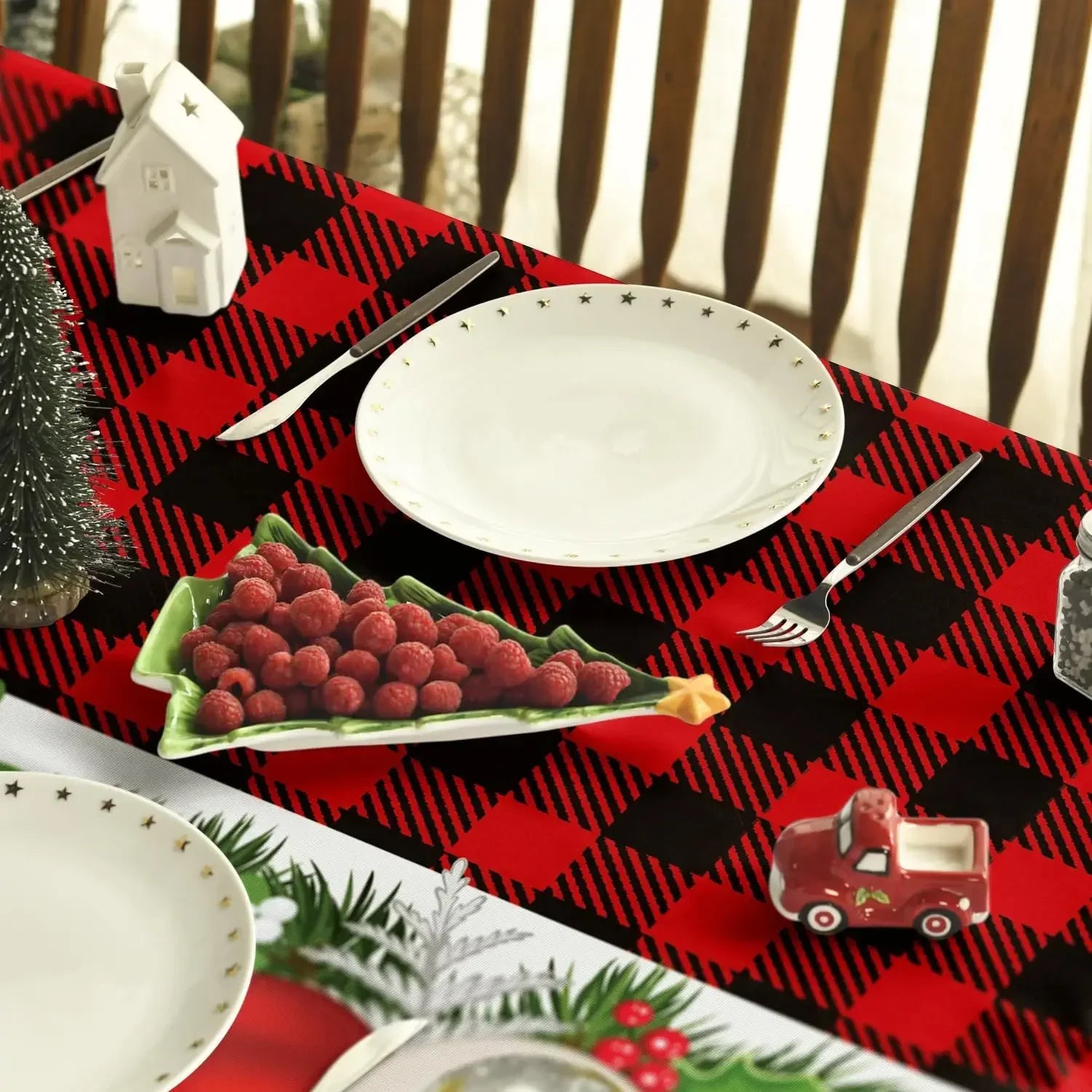Christmas Ornaments Red Buffalo Plaid Reusable Rectangle Tablecloth