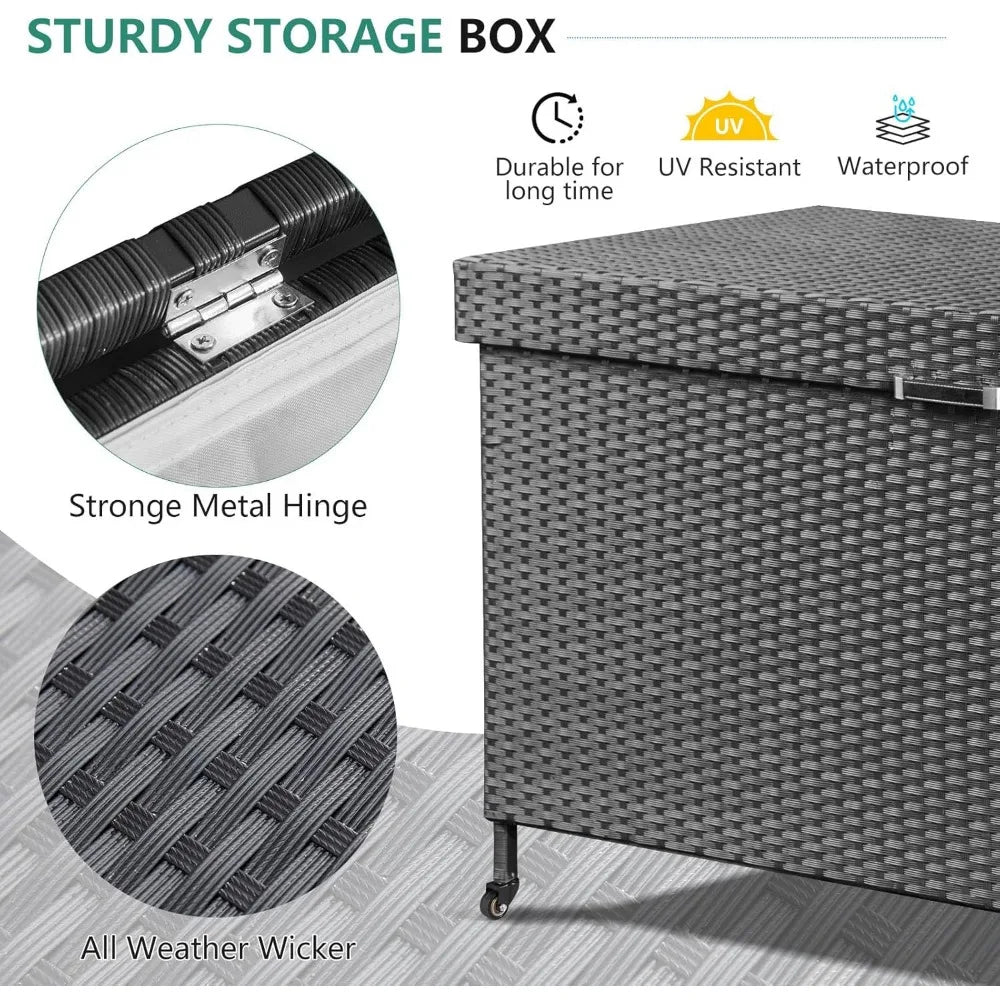 240 Gallon Wicker All-Weather Deck Box with 2 Universal Wheels & Hinged Opening