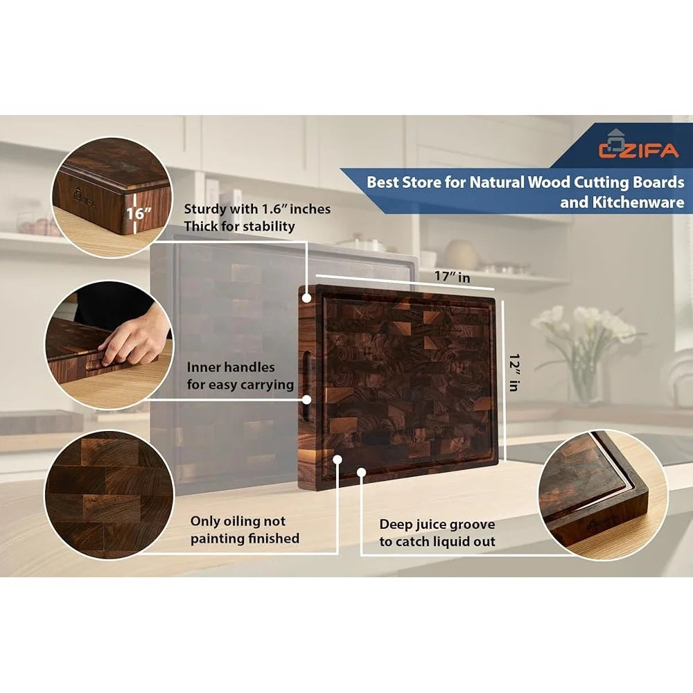 American Walnut Reversible Wood Cutting Board with Juice Groove and Built-In Handles.