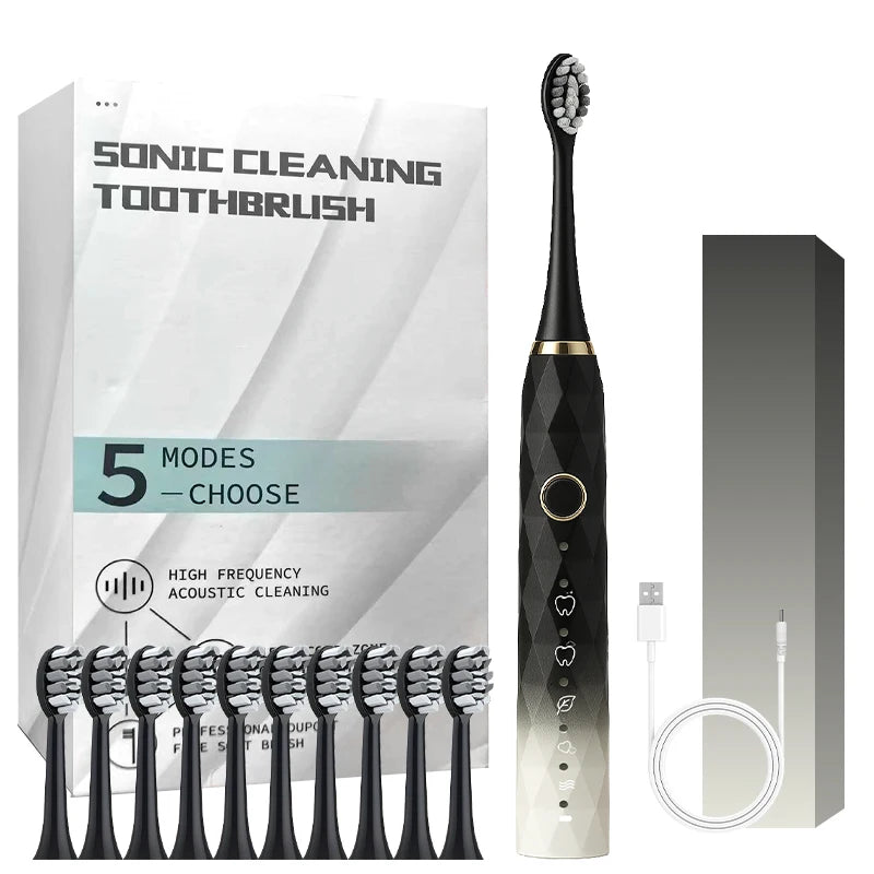 Adult 5-Mode Waterproof Electric Rotary Cleaning Toothbrush With Timer; USB Rechargeable Toothbrush with 10 heads