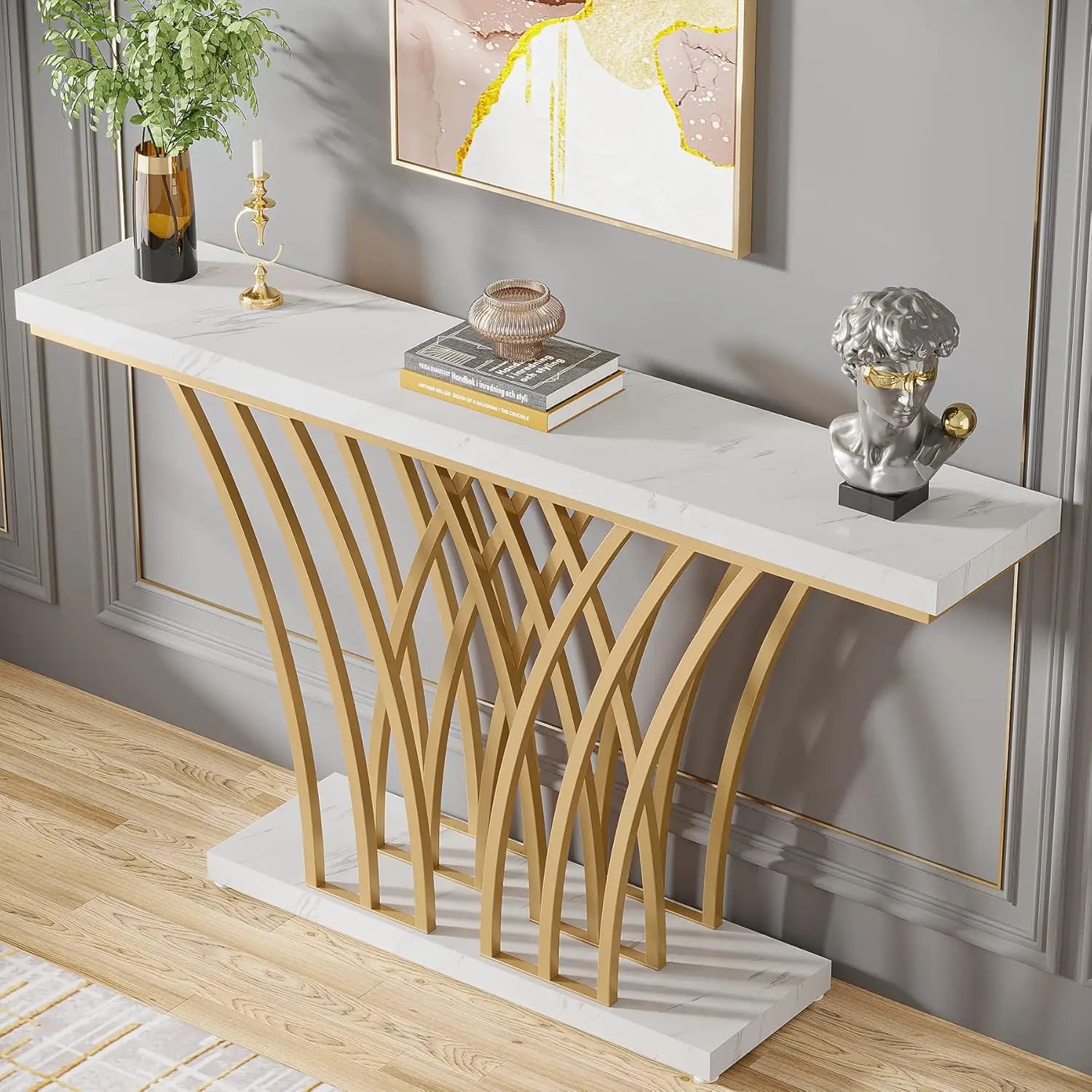 59 inch Gold Console Table with Grid-Shaped Metal Base. Three styles available.