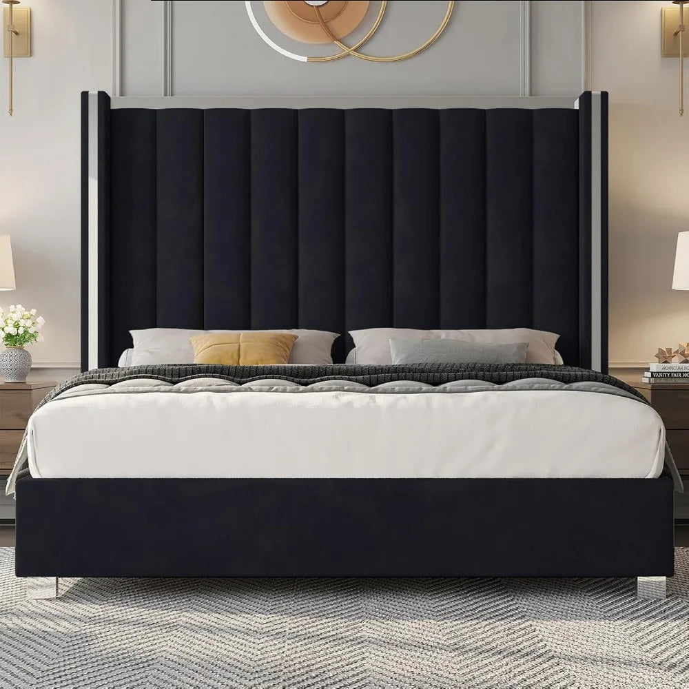 Queen Size Bed Frame with 58" Tall Velvet Upholstered Headboard,