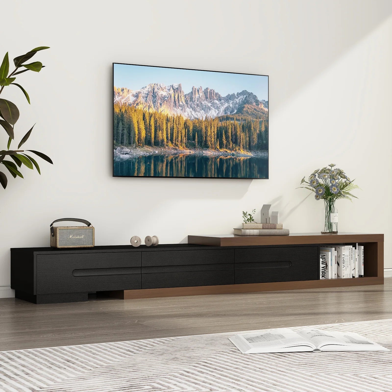 82-110'' Wooden Extendable TV Media Console w/3 Drawers & Open Storage Shelf,