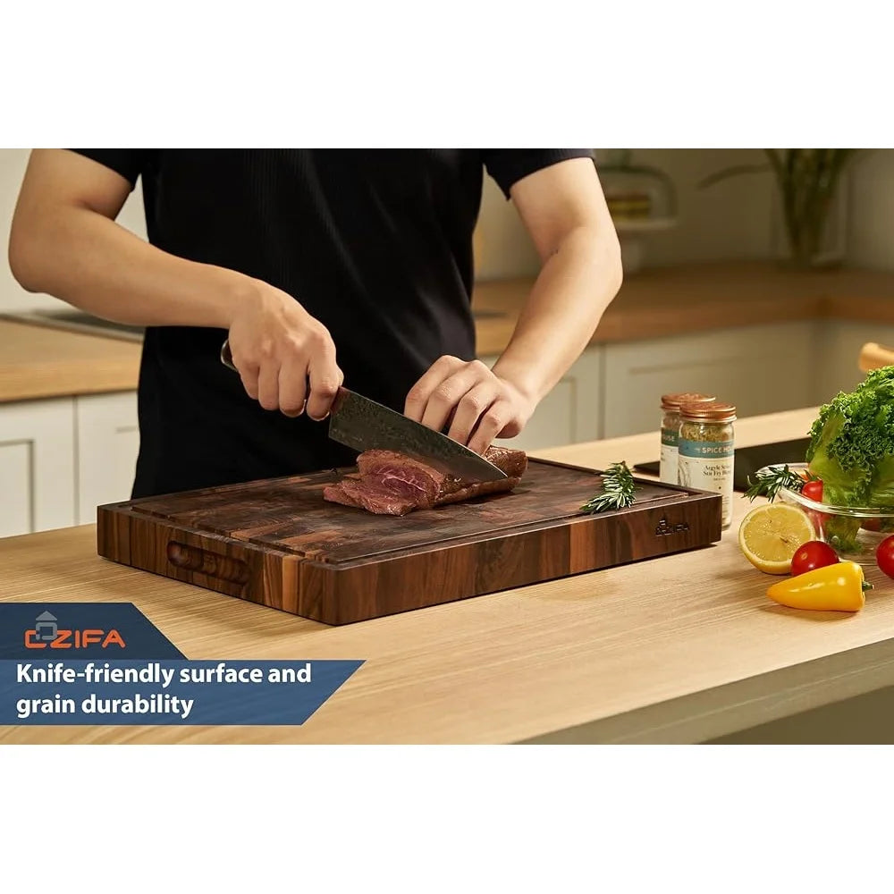 American Walnut Reversible Wood Cutting Board with Juice Groove and Built-In Handles.
