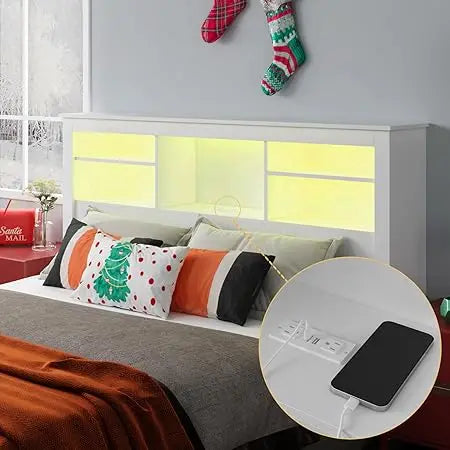 Full/Queen Size Wooden Headboard with Adjustable Light and Shelves