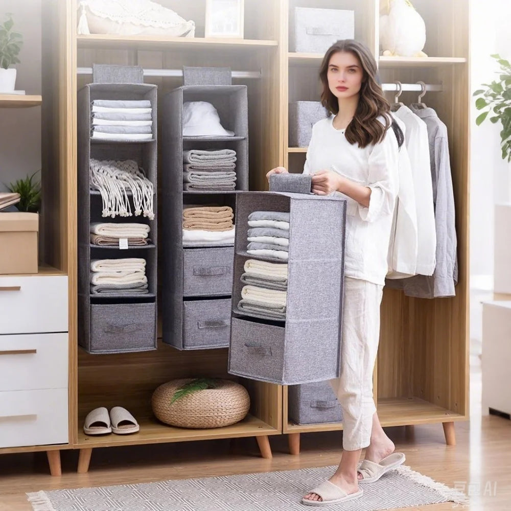 5 Shelf Hanging Cotton Wardrobe Storage Bag With 2 Drawers