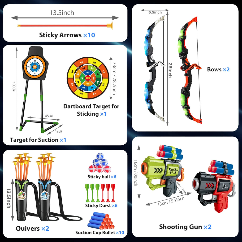 Toy Set for Kids with Bow N Arrow + Guns  (x2) w/LED Light Up and Suction Cup Arrows