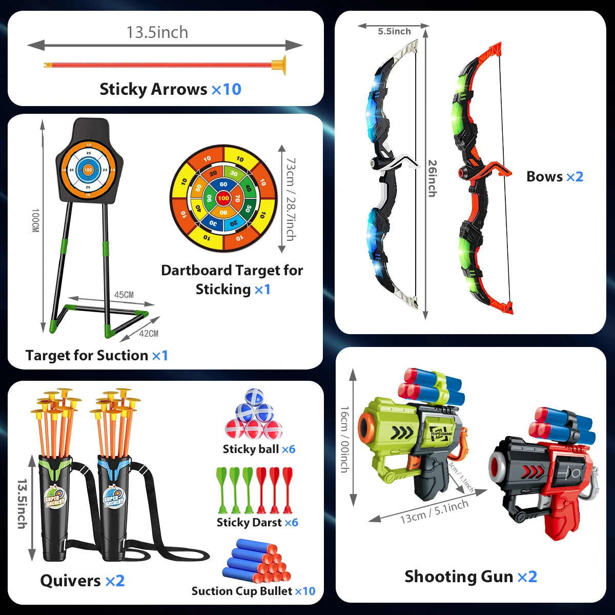 Toy Set for Kids with Bow N Arrow + Guns  (x2) w/LED Light Up and Suction Cup Arrows