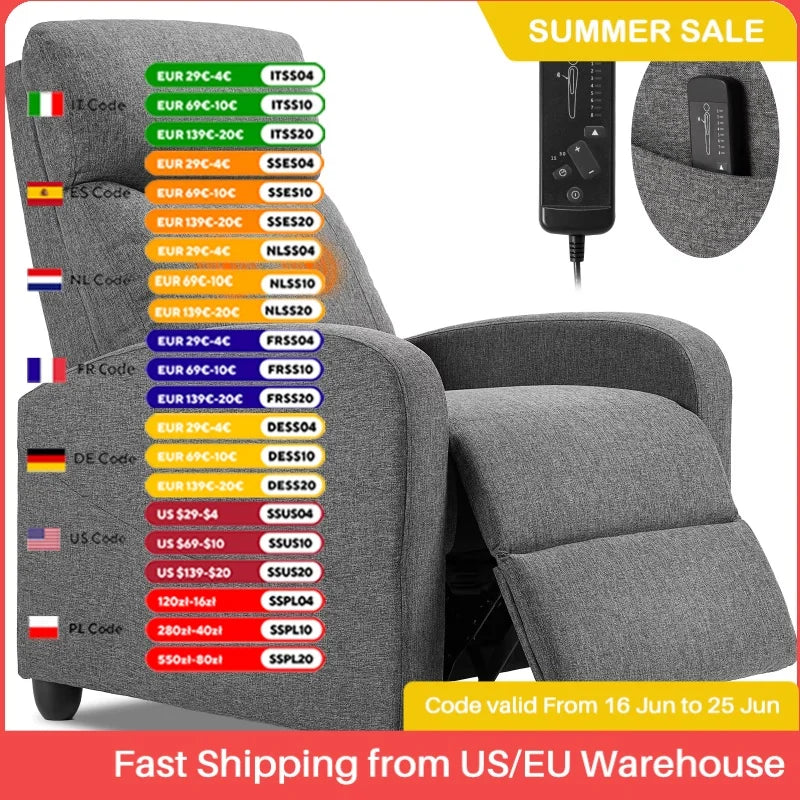 Recliner Chair with Massage, Lumbar Support and Adjustable Modern Padded Seat and Backrest