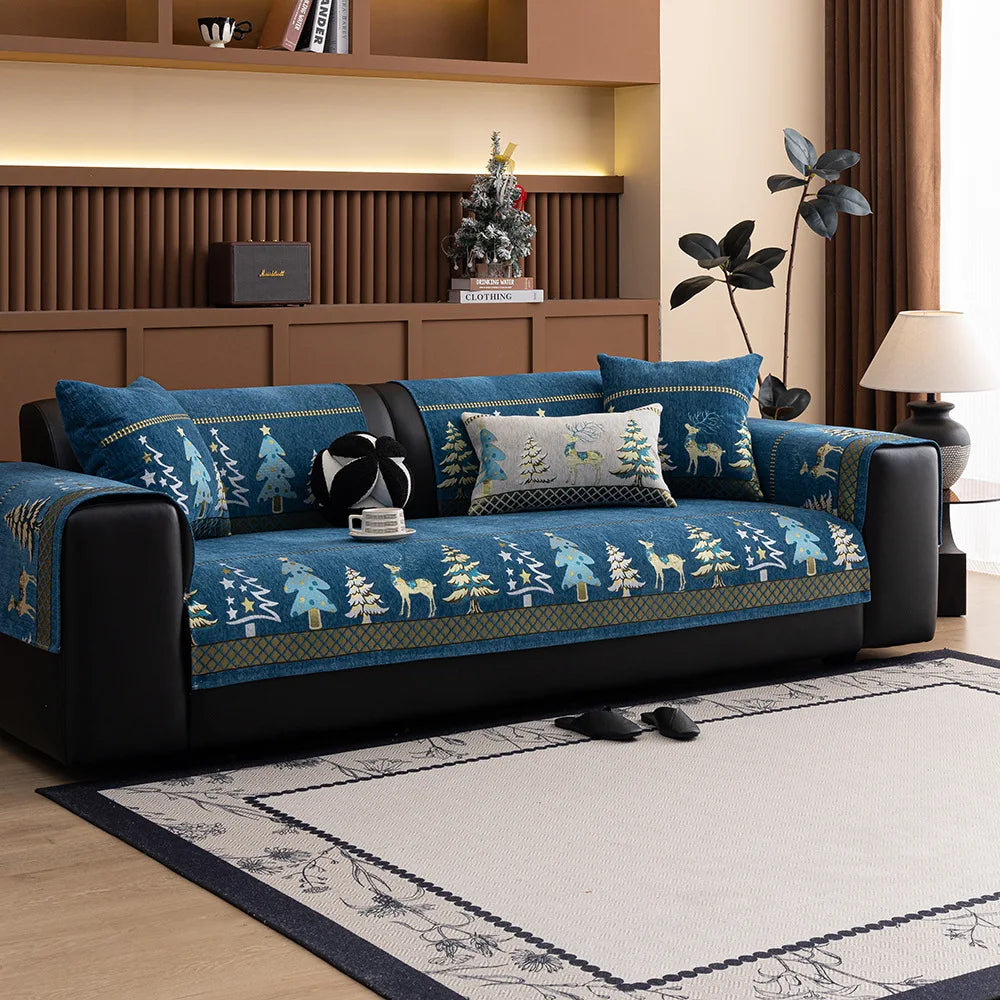 Chenille Christmas Sofa Cover with Christmas Tree and Deer Pattern and Anti-Slip Fabric