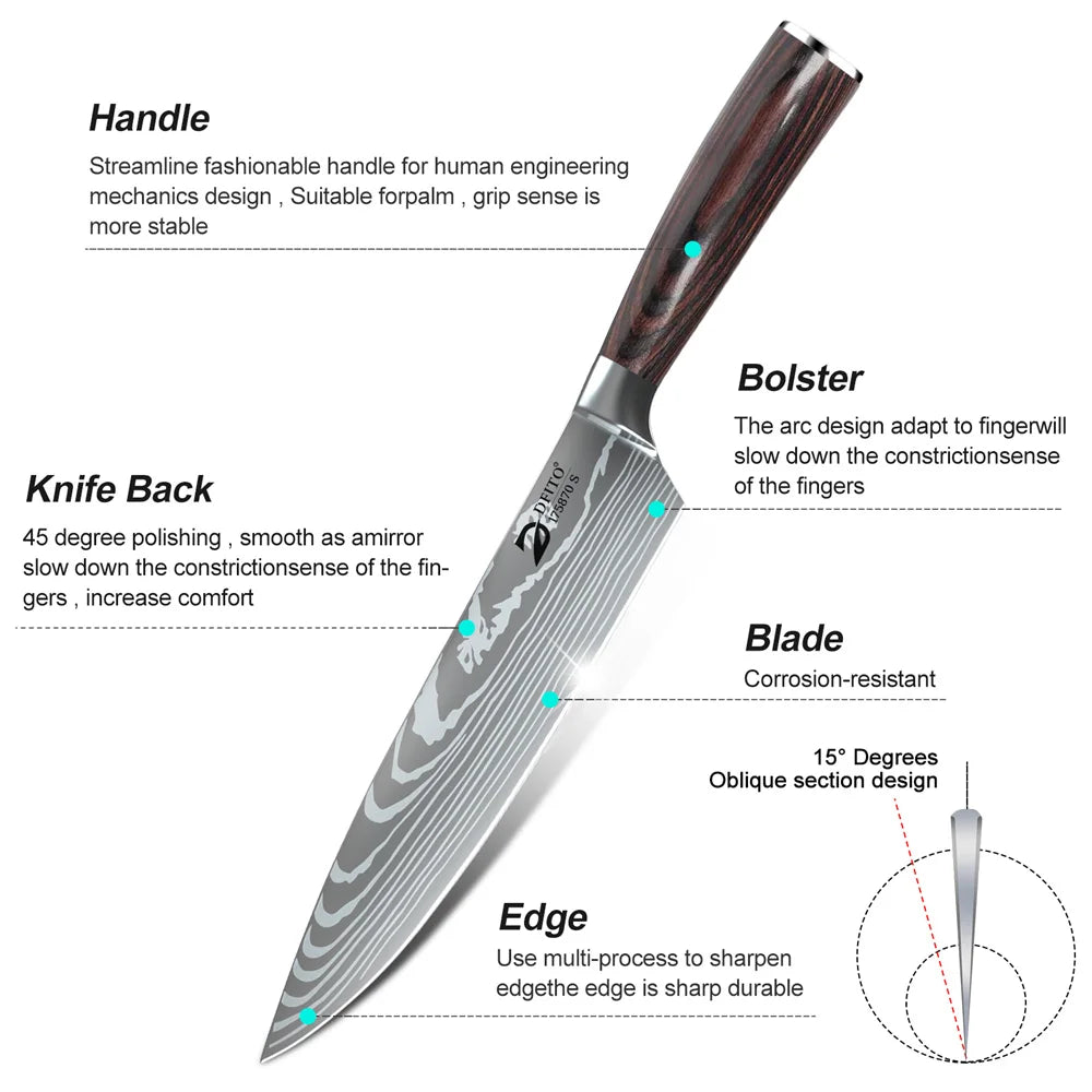 8 pcs Kitchen Stainless Steel Knife Set with Nylon Bag and Knife Sharpener