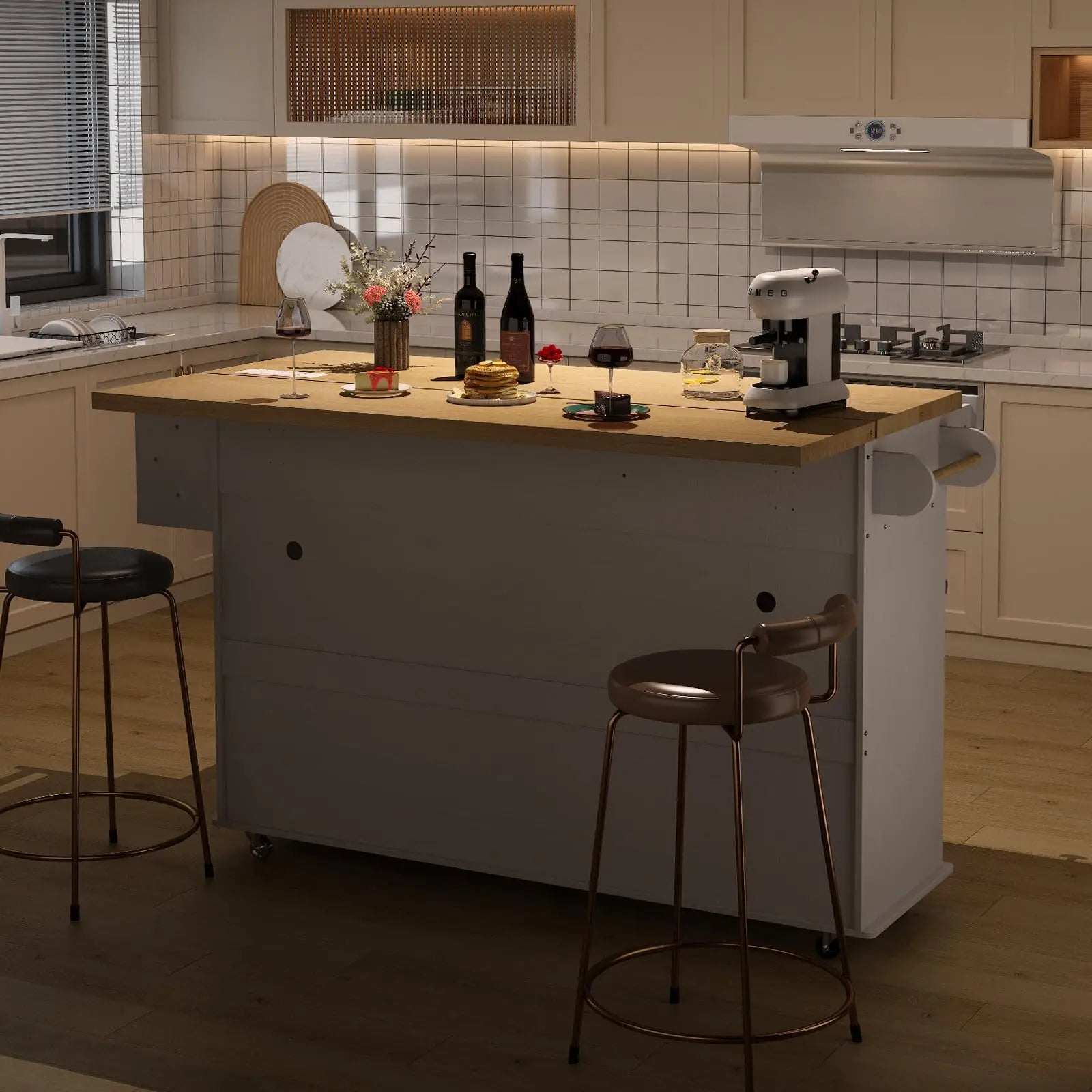 60" Rolling Kitchen Island with Drop Leaf, Power Outlet, Trash Bin and Towel Rack.