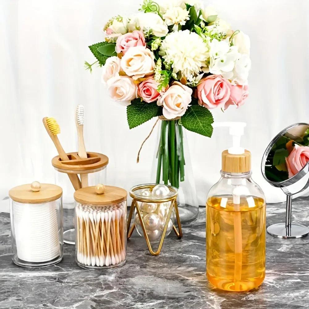4pcs Bamboo Bathroom Accessory Set with Soap Dispenser, Toothbrush Holder and 2 Glass Jars .